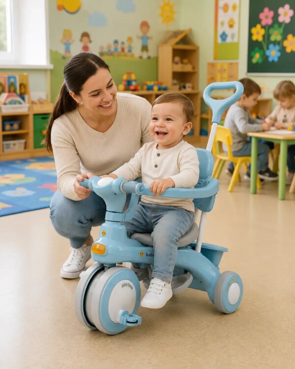 Голубой Трехколесный велосипед Baby Carriage 588 / Велосипед с родительской ручкой и корзиной / Велосипед-коляска