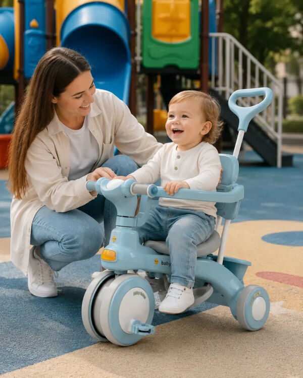 Голубой Трехколесный велосипед Baby Carriage 588 / Велосипед с родительской ручкой и корзиной / Велосипед-коляска