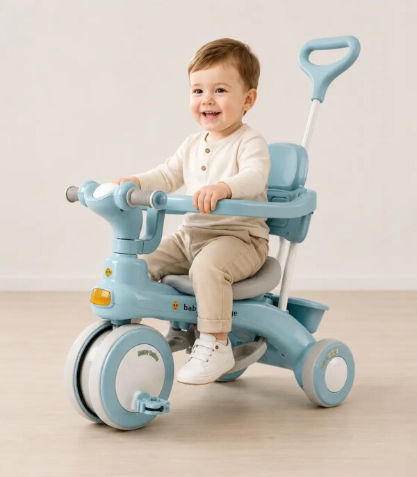 Голубой Трехколесный велосипед Baby Carriage 588 / Велосипед с родительской ручкой и корзиной / Велосипед-коляска
