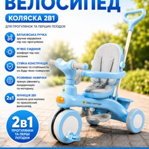 Голубой Трехколесный велосипед Baby Carriage 588 / Велосипед с родительской ручкой и корзиной / Велосипед-коляска