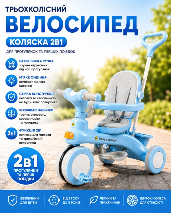 Голубой Трехколесный велосипед Baby Carriage 588 / Велосипед с родительской ручкой и корзиной / Велосипед-коляска