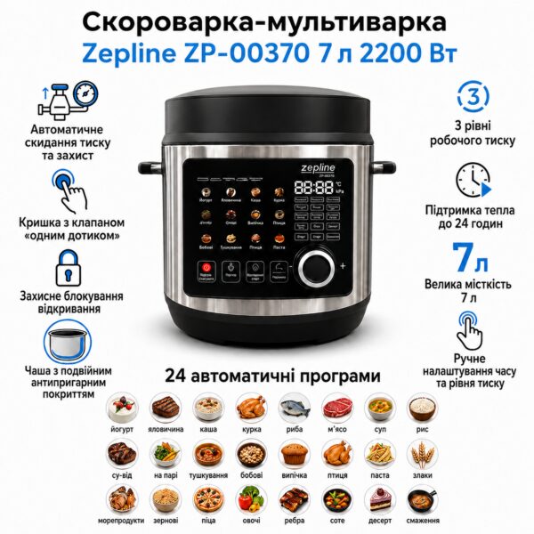 Скороварка-мультиварка Zepline ZP-00370 на 7 л, 24 програми, 2200 Вт