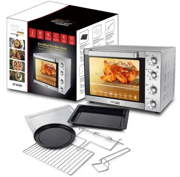 Электрическая духовка Zepline ZP-00369 60 л, 2200 Вт, с конвекцией и грилем, настольная электропечь из нержавеющей стали