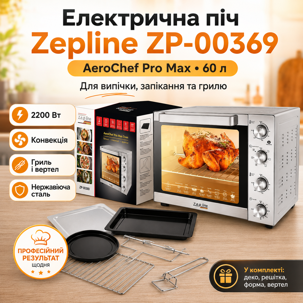 Електрична духовка Zepline ZP-00369 60 л, 2200 Вт, з конвекцією і грилем, настільна електропіч з нержавіючої сталі
