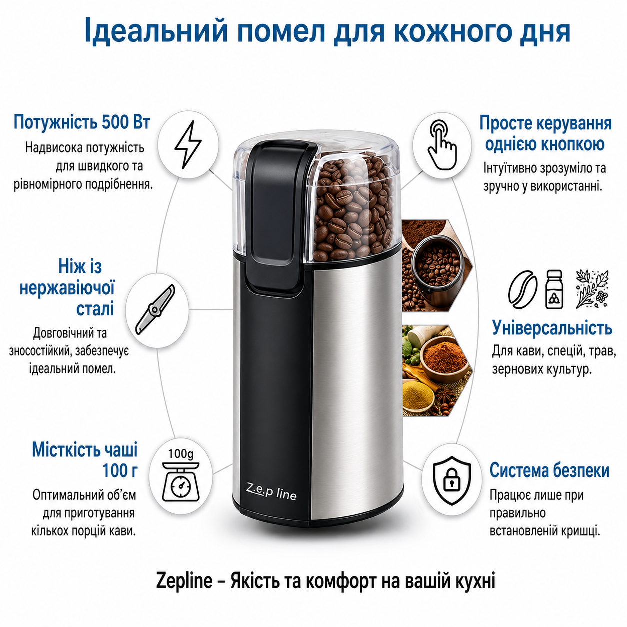 Кавомолка електрична Zepline ZP-00362 500 Вт, чаша до 100 г, ніж з нержавіючої сталі