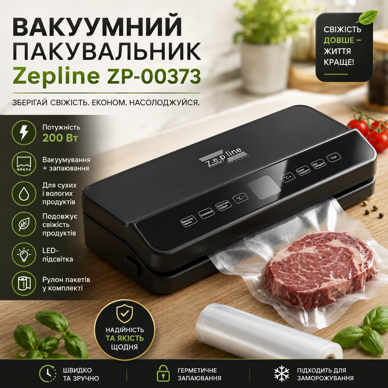 Вакуумний пакувальник для продуктів 200Вт з LED-підсвіткою та рулоном пакетів, Zepline ZP-00373 / Кухонний вакууматор для м'яса