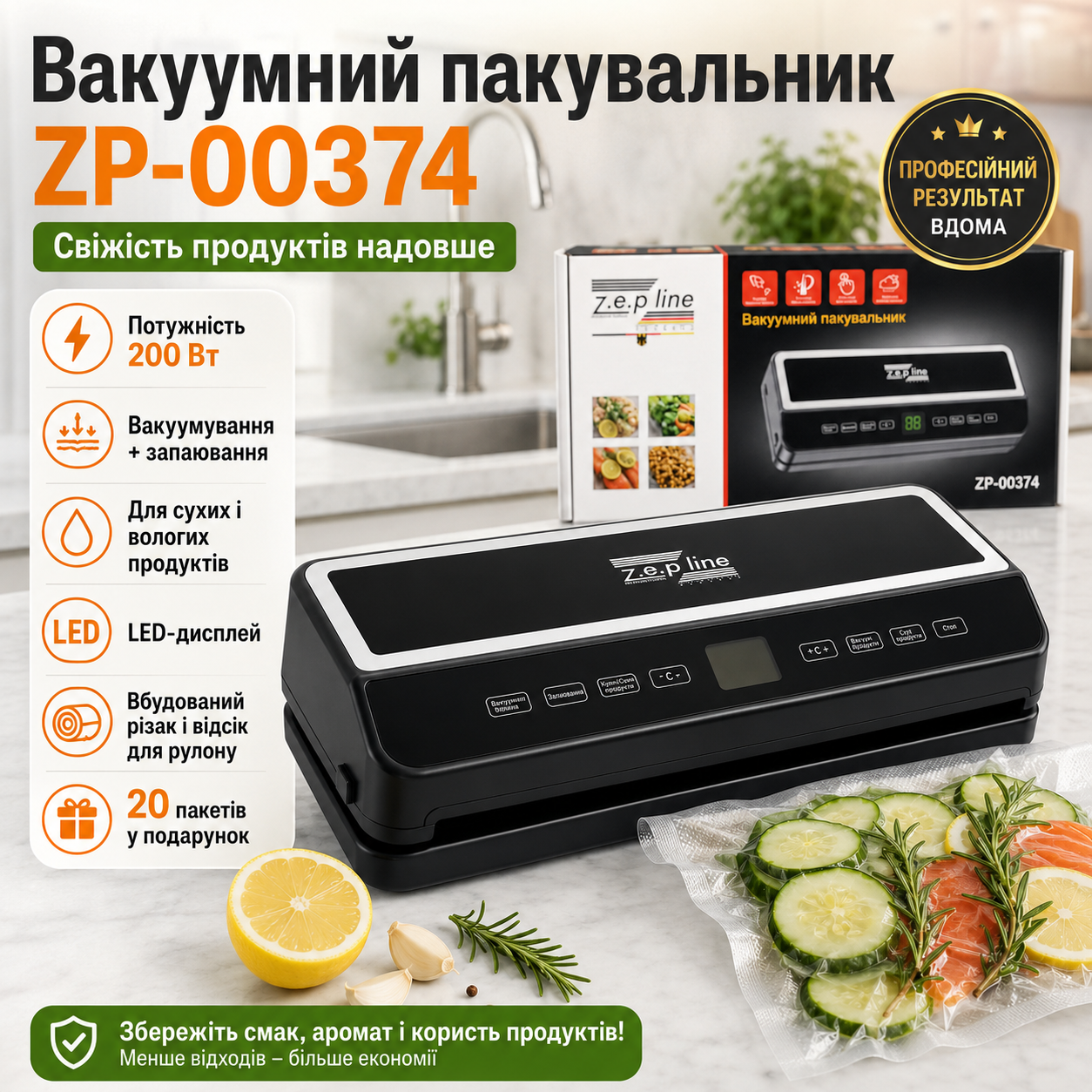 Вакууматор 35 см з рулоном пакетів, LED, 200Вт, ZP-00374, чорний / Вакуумний пакувальник з різаком для сухих і вологих продуктів