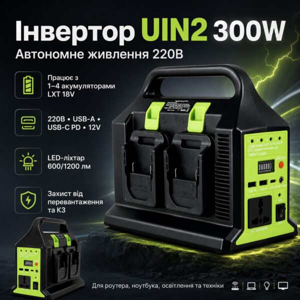 Преобразователь напряжения (UIN2) 300W с 12V на 220V / Инвертор питания с выходом 220В для аккумуляторов LXT USB, Type-C, 12В, LED