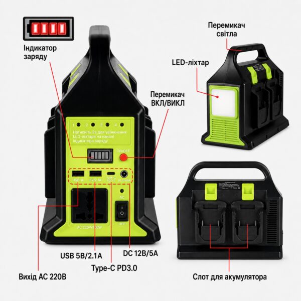 Преобразователь напряжения (UIN2) 300W с 12V на 220V / Инвертор питания с выходом 220В для аккумуляторов LXT USB, Type-C, 12В, LED