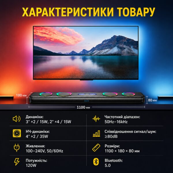 Саундбар Newsmy G68 160 Вт для телевизора с Bluetooth, HDMI, Dolby Digital, сабвуфером и поддержкой микрофона