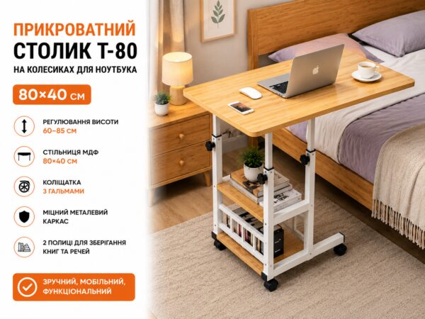 Компьютерный столик 80х40х60-85см / Прикроватный стол с регулировкой высоты / Поворотный столик для ноутбука (T-80) Светлое дерево