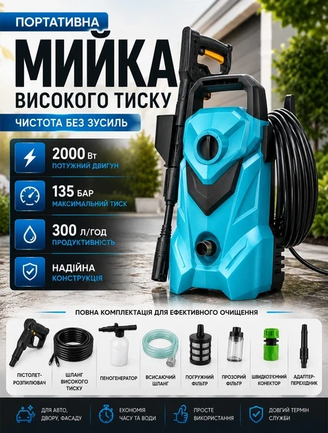 Мини мойка высокого давления 2000 Вт с держателем шланга портативная автомойка для автомобиля и дома с давлением до 135 бар