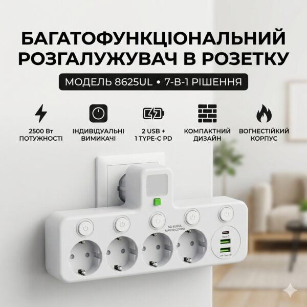 Сетевой адаптер 8625UL с ночником, 4 розетки + USB + Type-C (17559/MG) Белый