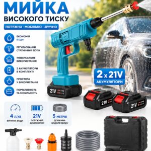Аккумуляторная мойка высокого давления + 2 аккумулятора 21V, Синяя/Атомобильная минимойка/ распылитель пистолет