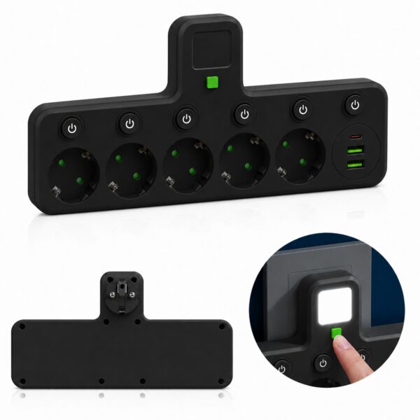 Сетевой фильтр 5 розеток + USB/адаптер на 5 розеток + USB с индивидуальными кнопками и LED-подсветкой Черный