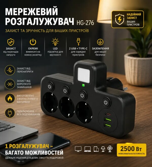 Розетка адаптер зарядное устройство удлинитель AND 5378, сетевой фильтр с 3 розетками USB и Type-C, Черный