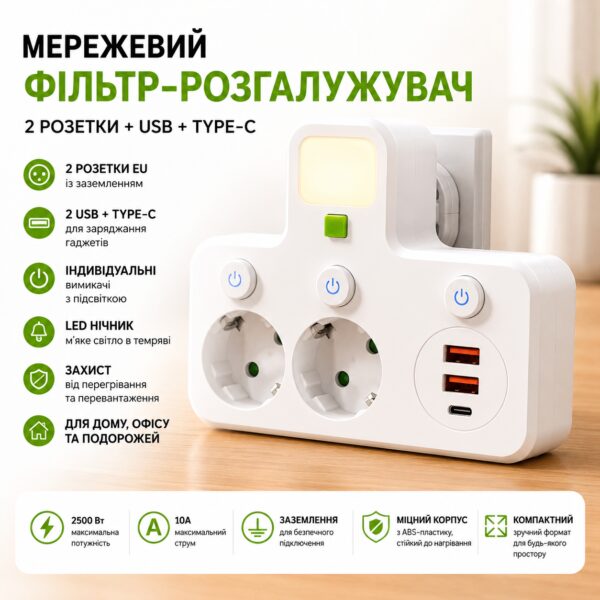 Розетка Адаптер  Удлинитель 2 входа БЕЛЫЙ 8623UL 2USB+1PD AND WL-1