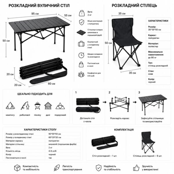 Кемпинговый комплект мебели: стол + 6 стула, идеально для природы и пикника