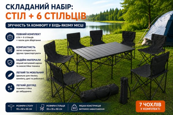 Кемпинговый комплект мебели: стол + 6 стула, идеально для природы и пикника