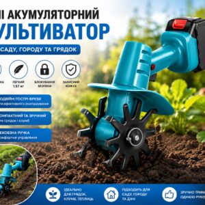 Культиватор мини аккумуляторный синий для сада и грядок с двойными фрезами, защитным кожухом и блокировкой безопасности