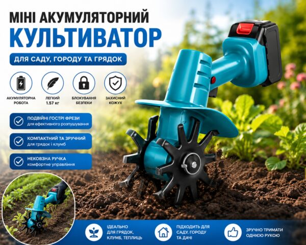 Культиватор мини аккумуляторный синий для сада и грядок с двойными фрезами, защитным кожухом и блокировкой безопасности