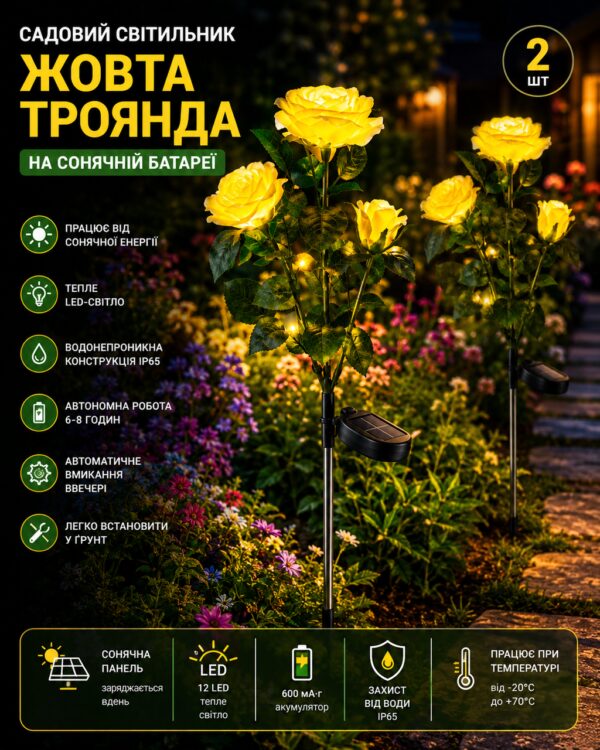 Садовый светильник 2шт «Желтая Роза» на солнечной батарее с LED-подсветкой
