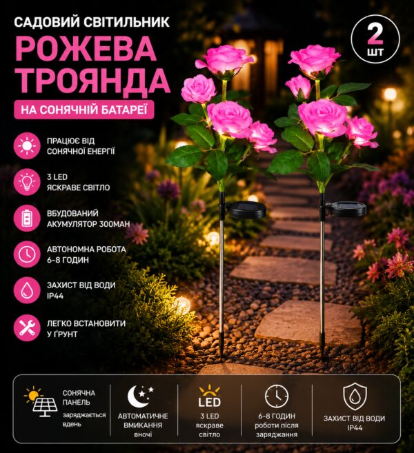 Садовый светильник 2шт «Розовая Роза» на солнечной батарее с LED подсветкой