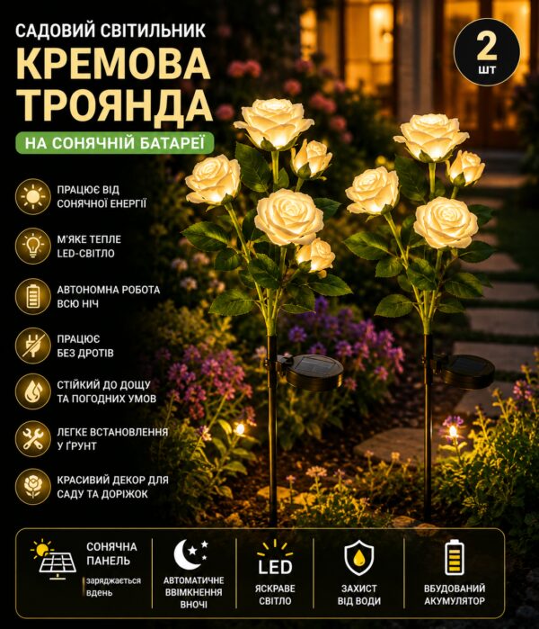 Садовый светильник 2шт «Кремовая Роза» на солнечной батарее с LED-подсветкой
