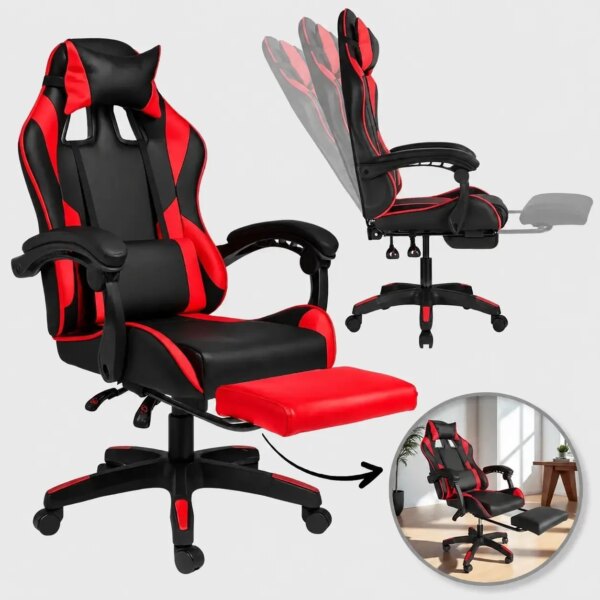 Игровое кресло с подставкой для ног + 2 подушки / Геймерское кресло HELE 26X-11 черно-красное