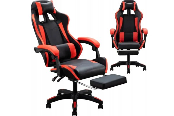 Игровое кресло с подставкой для ног + 2 подушки / Геймерское кресло HELE 26X-11 черно-красное