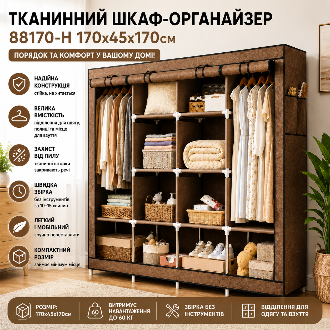 Коричневый Тканевый шкаф для хранения вещей с металлическим каркасом AND 28170 / Шкаф-органайзер для одежды и обуви 88170-2 170х45