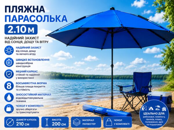 Пляжный зонт диаметр 2.1м с прочным каркасом Рыболовный восьмиугольный зонт з износостойкого материала с чехлом