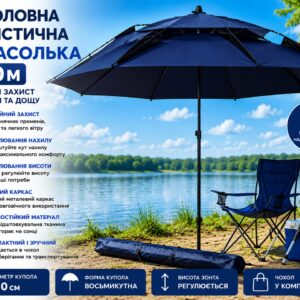 Зонтик для рыбалки и кемпинга 210 см с чехлом темно-синий | Туристический восьмиугольный зонт от солнца и дождя