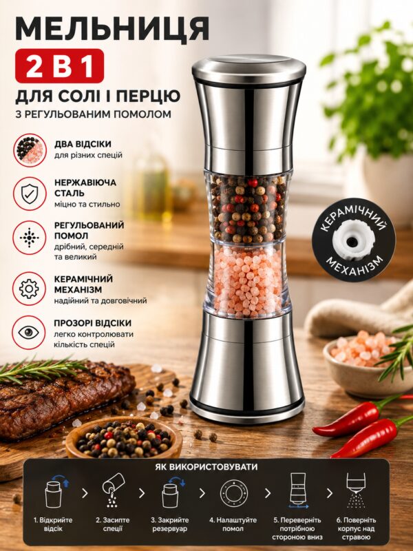 Мельница для соли и перца 2в1 из нержавеющей стали / Измельчитель для специй с регулируемым помолом
