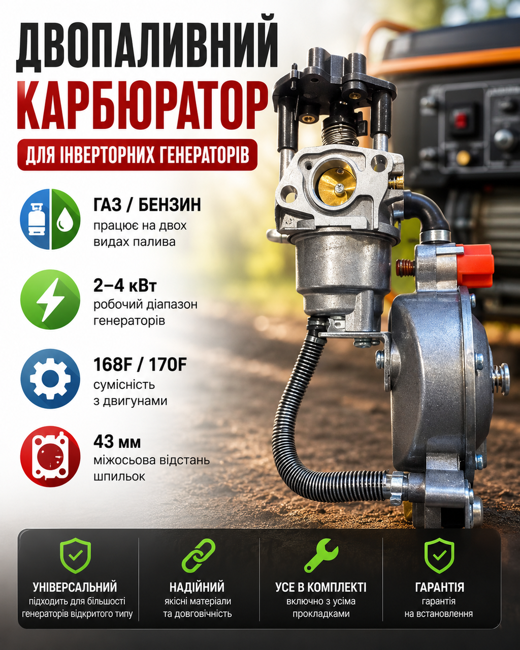 Карбюратор газовый редуктор для инверторного генератора открытого типа 3-4 квт газ/бензин