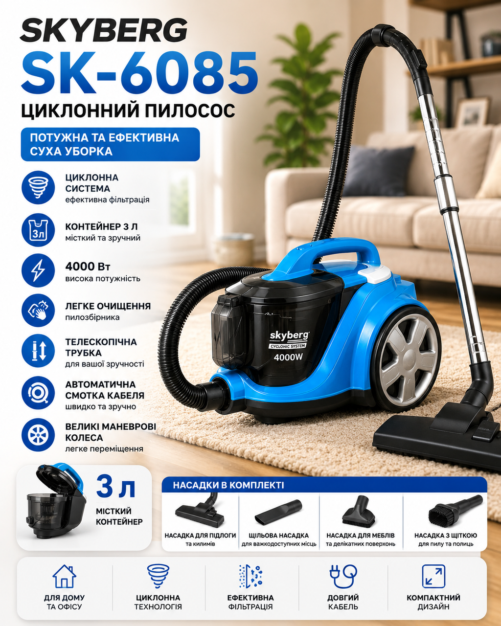 Пылесос Skyberg SK-6085 / Пылесос безмешковый 4000 Вт / Пылесос контейнер 3 л