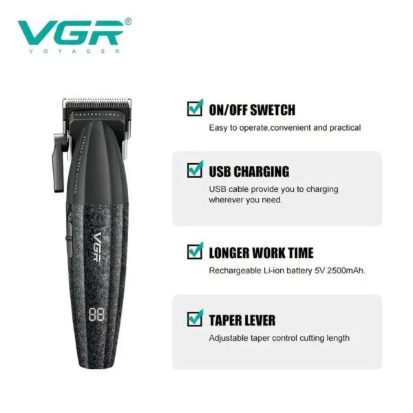 Аккумуляторная машинка для стрижки VGR V-640C BLACK, 6 насадок, LED дисплей, 9000RPM