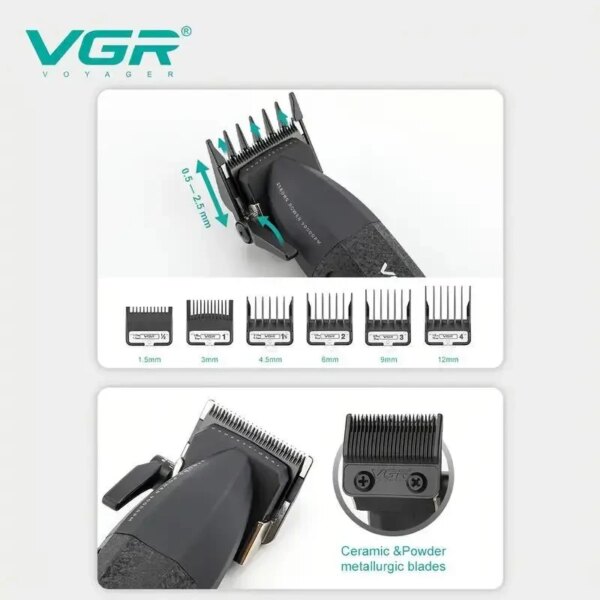 Аккумуляторная машинка для стрижки VGR V-640C BLACK, 6 насадок, LED дисплей, 9000RPM