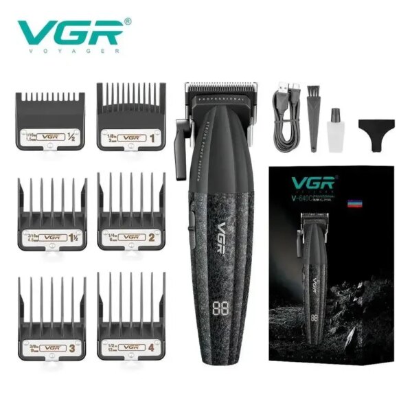 Аккумуляторная машинка для стрижки VGR V-640C BLACK, 6 насадок, LED дисплей, 9000RPM