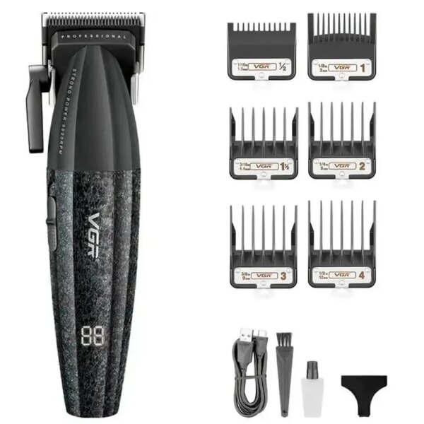 Аккумуляторная машинка для стрижки VGR V-640C BLACK, 6 насадок, LED дисплей, 9000RPM