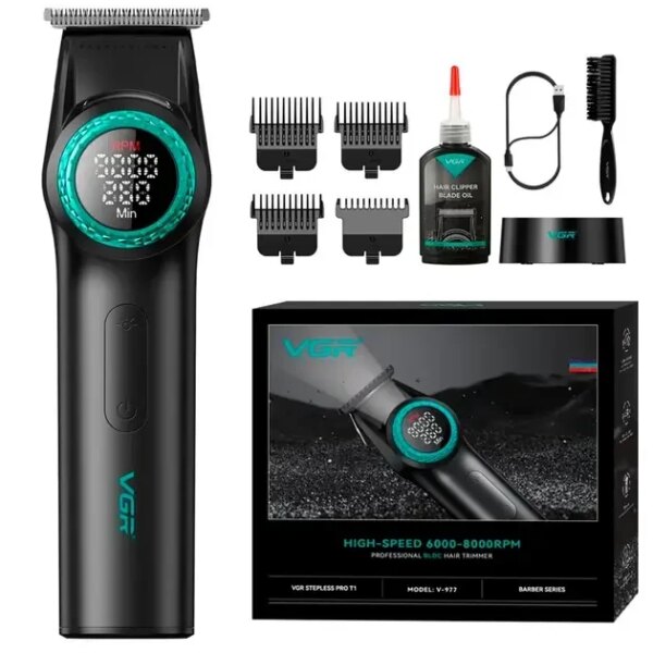 Триммер VGR V-977 BLACK, регулировка мощностей 6000 - 8000 PRM, 2500 mAh, 4 насадки, LED display