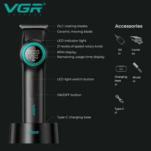 Триммер VGR V-977 BLACK, регулировка мощностей 6000 - 8000 PRM, 2500 mAh, 4 насадки, LED display