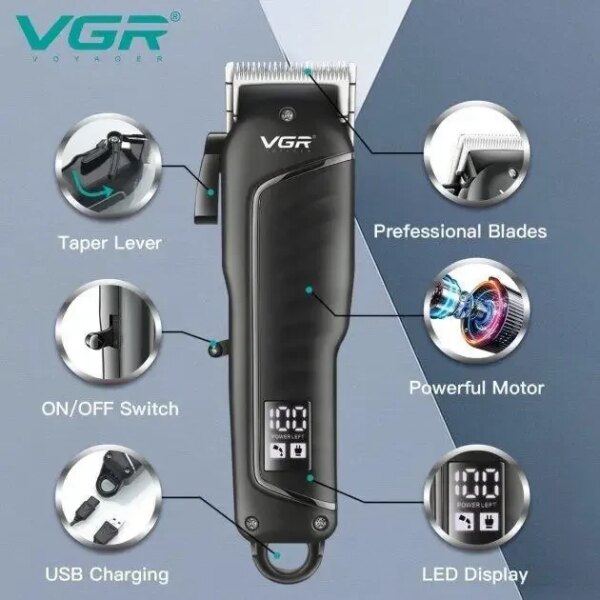 Машинка для стрижки волос VGR V-683 LED-дисплей аккумуляторная 4 насадки 10W Black