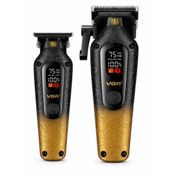 Профессиональный набор VGR V-879 S2 Gold/Black 2 в 1: машинка для стрижки и триммер с LED-дисплеями