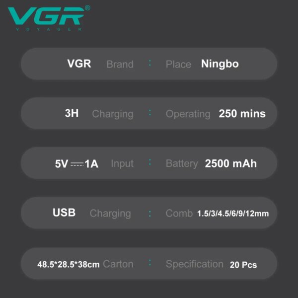 Аккумуляторная машинка для стрижки VGR V-003, 6 насадок, TURBO режим, керамическое лезвие, LED