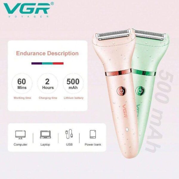 Аккумуляторный эпилятор, 2 насадки, от USB, VGR 735, Зеленый / Электроэпилятор / Электробритва женская / Депилятор для тела Подроб