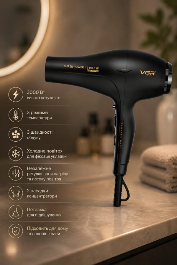 Фен VGR V 406 Black / Фен профессиональный 2 насадки, 3000 Вт / Фен 3 уровня обдува, 3 уровня температуры