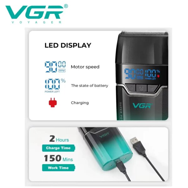 Электробритва VGR V-308, Green шейвер, двойное лезвие, 9000 RPM, LED Display