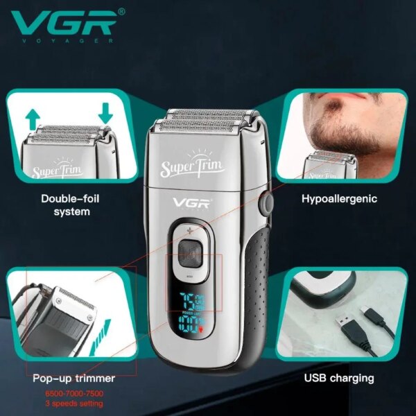 Бритва VGR V 332 Silver / Шейвер сеточный на USB / Электробритва с двойным лезвием и триммером