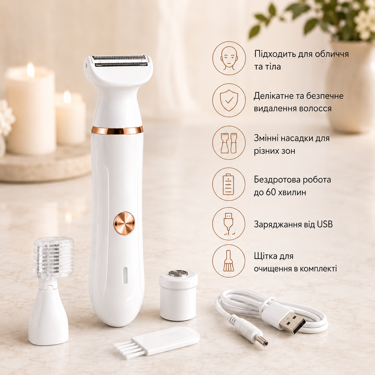 Эпипилятор hair clipper AN XL-1961 / Женский аккумуляторный эпилятор со сменными насадками